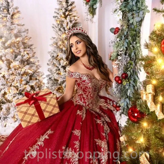 Luxury Red Ball Gown Quinceanera Dress 2024 Gold Appliques Beads Tull Long Skirt Sweet 16 Dress