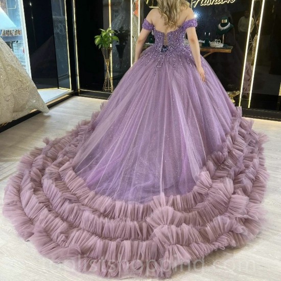 Mexican Sweet Lavender Quinceanera Dresses Ball Gown Beaded Crystal Lace Tull Tiered Sweet 16 Dress Princess Lace Up Vestido