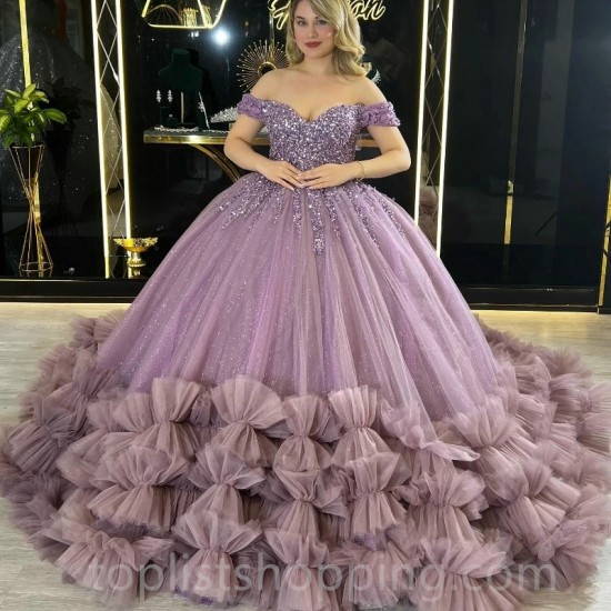 Mexican Sweet Lavender Quinceanera Dresses Ball Gown Beaded Crystal Lace Tull Tiered Sweet 16 Dress Princess Lace Up Vestido