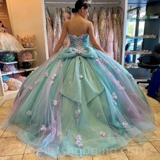 Mint 3D Flowers Quinceanera Dress Bow Beading Appliques Princess Corset 16 Vestidos XV Años Robe De Soirée