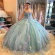 Mint 3D Flowers Quinceanera Dress Bow Beading Appliques Princess Corset 16 Vestidos XV Años Robe De Soirée