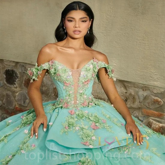 Mint Green 3D Flowers Off the Shoulder Quinceanera Dress With Ruffles Beads Tull Princess Ball Gown Sweet 16 Dress