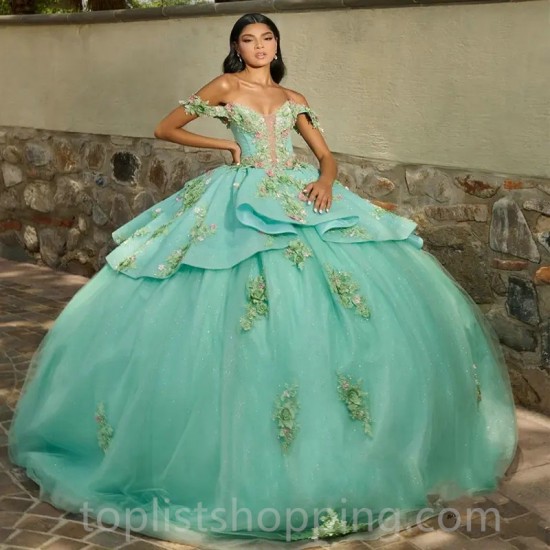 Mint Green 3D Flowers Off the Shoulder Quinceanera Dress With Ruffles Beads Tull Princess Ball Gown Sweet 16 Dress