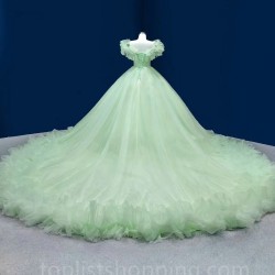 Mint Green Charro Quinceanera Dresses Ball Gown Off The Shoulder Tulle Ruffles Pearls Puffy Mexican Sweet 16 Dresses 15 Anos