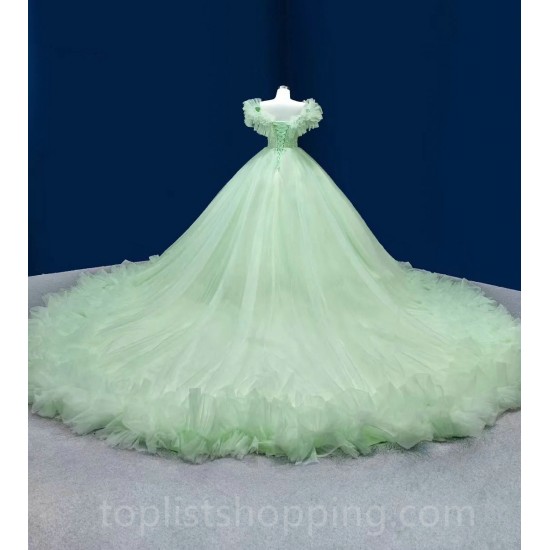 Mint Green Charro Quinceanera Dresses Ball Gown Off The Shoulder Tulle Ruffles Pearls Puffy Mexican Sweet 16 Dresses 15 Anos