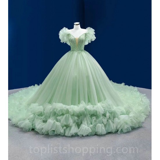 Mint Green Charro Quinceanera Dresses Ball Gown Off The Shoulder Tulle Ruffles Pearls Puffy Mexican Sweet 16 Dresses 15 Anos