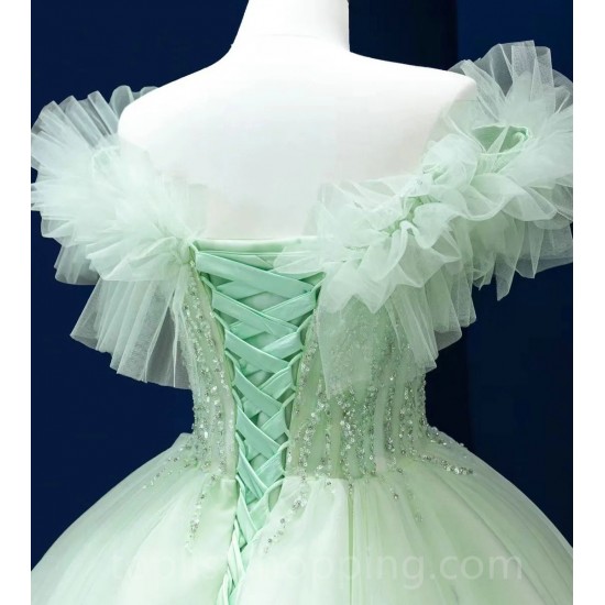 Mint Green Charro Quinceanera Dresses Ball Gown Off The Shoulder Tulle Ruffles Pearls Puffy Mexican Sweet 16 Dresses 15 Anos