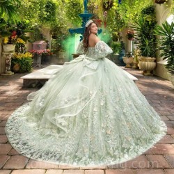 Mint Green Off the Shoulder Quinceanera Dresses Sweet 15 Gowns 3D Bead Tull Vestidos 15 De Quinceañera