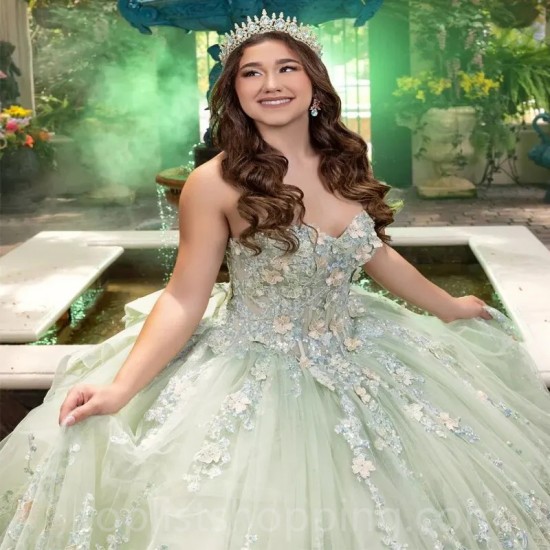 Mint Green Off the Shoulder Quinceanera Dresses Sweet 15 Gowns 3D Bead Tull Vestidos 15 De Quinceañera