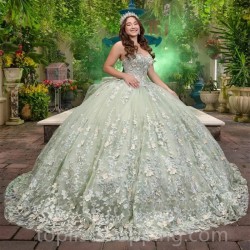 Mint Green Off the Shoulder Quinceanera Dresses Sweet 15 Gowns 3D Bead Tull Vestidos 15 De Quinceañera