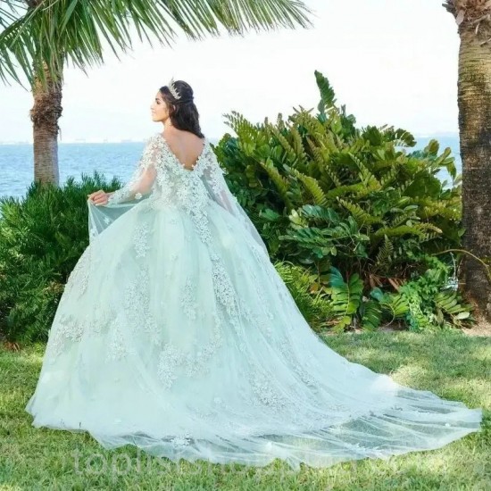 Mint Green Princess Quinceanera Dress Applique Lace With Cape Ball Gown Sweet 16 Dresses