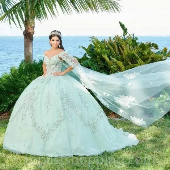 Mint Green Princess Quinceanera Dress Applique Lace With Cape Ball Gown Sweet 16 Dresses