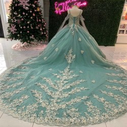 Mint Green Puffy Skirt Princess Quinceanera Dresses Off shoulder Applique Lace Beads Gillter Lace-up Corset Charro vestido xv 15