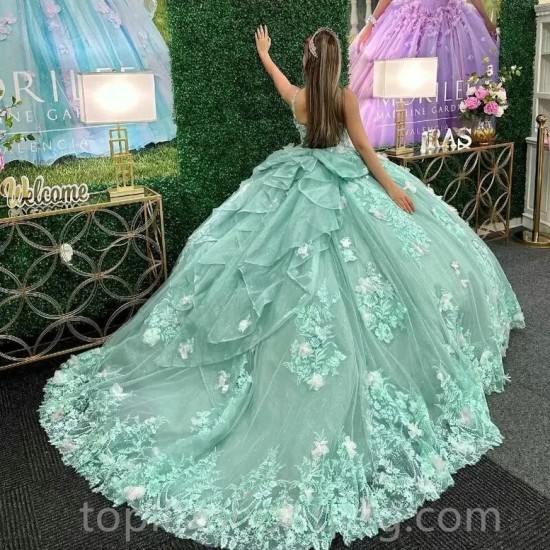 Mint Green Quinceanera Dress Spaghetti 3D Floral Applique Flower Beaded Sweet 16 15 Vestidos De 15 Anos