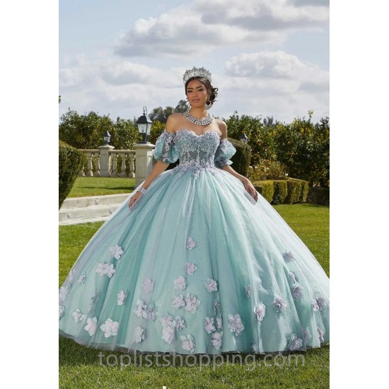 Mint Quinceanera Dress 2024 Ball Gown Flowers Puff Sleeve Corset Beading Appliques Princess Vestidos De 15 Años