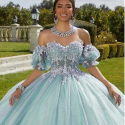 Mint Quinceanera Dress 2024 Ball Gown Flowers Puff Sleeve Corset Beading Appliques Princess Vestidos De 15 Años