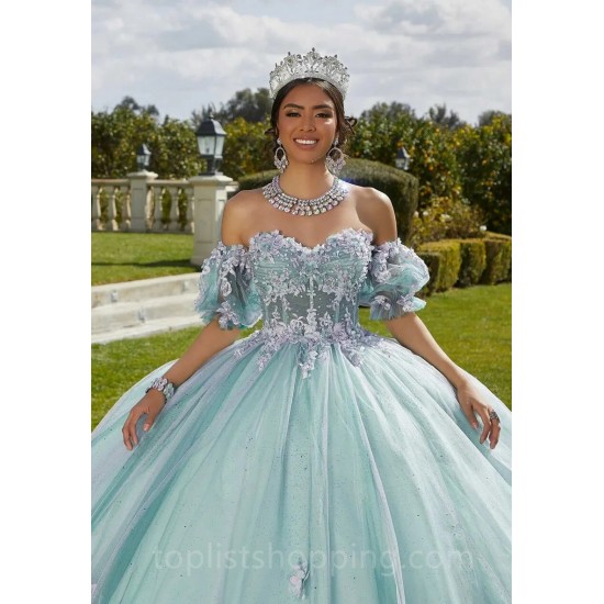 Mint Quinceanera Dress 2024 Ball Gown Flowers Puff Sleeve Corset Beading Appliques Princess Vestidos De 15 Años