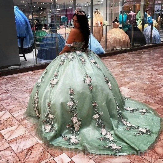 Mint Shiny Quinceanera Dress Off Shoulder Ball Gown For Girl 3D Flowers Sweet 16 Vestidos Para XV Anos