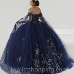 Off The Shoulder Navy Blue Ball Gown Quinceanera Dresses Beads With Cape Tull Ribbons Corset Vestidos De 15 Años