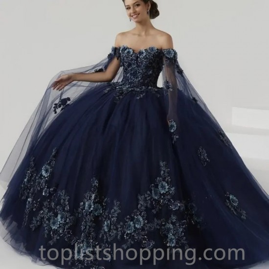 Off The Shoulder Navy Blue Ball Gown Quinceanera Dresses Beads With Cape Tull Ribbons Corset Vestidos De 15 Años