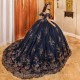 Off The Shoulder Navy Blue Quinceanera Dresses Beading Ball Gown Sequined Beads Corset Vestidos De 15 Años