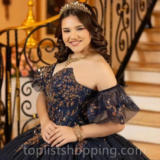 Off The Shoulder Navy Blue Quinceanera Dresses Beading Ball Gown Sequined Beads Corset Vestidos De 15 Años