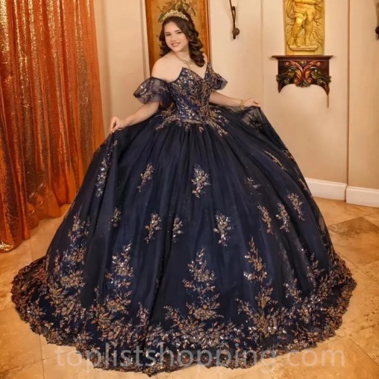 Off The Shoulder Navy Blue Quinceanera Dresses Beading Ball Gown Sequined Beads Corset Vestidos De 15 Años