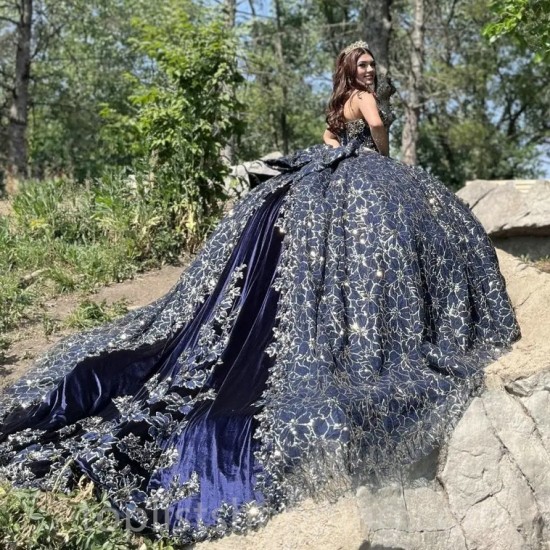 Off Shoulder Navy Blue Princess Quinceanera Dresses With Bow Ball Gown