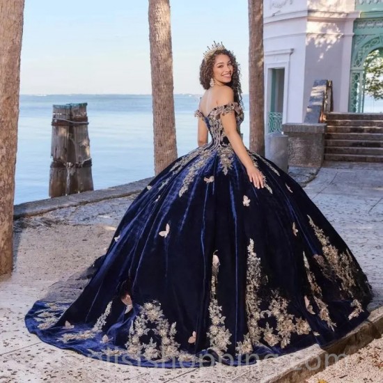 Appliques Navy Blue Quinceanera Dresses Ball Gowns Velvet Birthday Party Evening Dress Vestidos De 15 Quinceañera