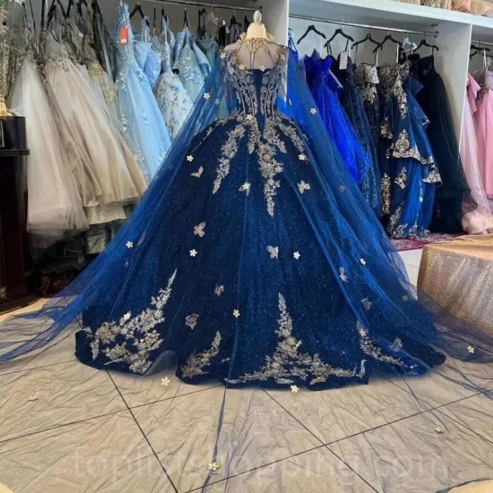 Appliques Navy Blue Quinceanera Dresses Ball Gowns Velvet Birthday Party Evening Dress Vestidos De 15 Quinceañera