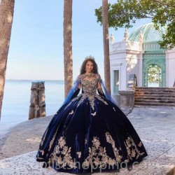 Appliques Navy Blue Quinceanera Dresses Ball Gowns Velvet Birthday Party Evening Dress Vestidos De 15 Quinceañera