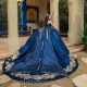 Navy Blue Quinceanera Dresses Sequined Gold Appliques Lace Lace-up Corset Prom Sweet 15 Dresses