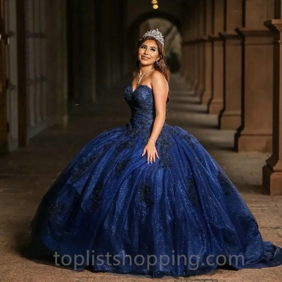 Off The Shoulder Navy Blue Shiny Quinceanera Dress Ball Gown Applique Lace Beads Corset Pageant Sweet 15 Dress