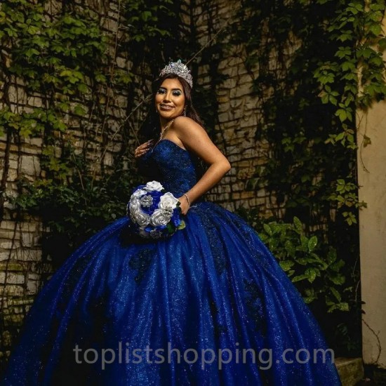 Off The Shoulder Navy Blue Shiny Quinceanera Dress Ball Gown Applique Lace Beads Corset Pageant Sweet 15 Dress