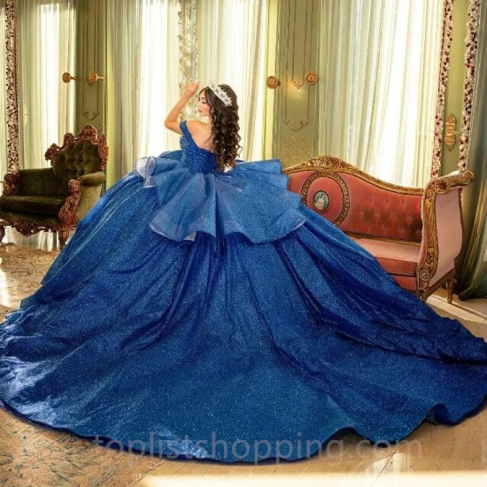 Off The Shoulder Navy Blue Shiny Quinceanera Dresses Formal Ball Gown Beading Crystal Party Dresses