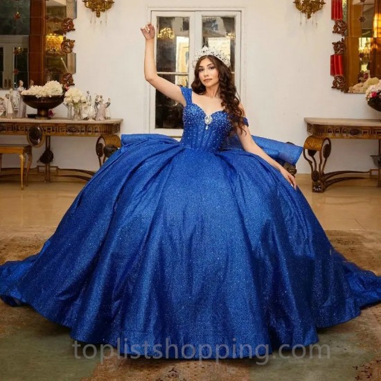 Off The Shoulder Navy Blue Shiny Quinceanera Dresses Formal Ball Gown Beading Crystal Party Dresses