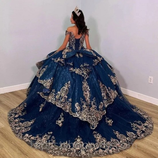 Sleeveless Navy Blue Shiny Quinceanera Dresses With Gold Appliques Lace Beads Lace-Up Corset Prom Sweet 16 Dress