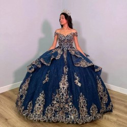 Sleeveless Navy Blue Shiny Quinceanera Dresses With Gold Appliques Lace Beads Lace-Up Corset Prom Sweet 16 Dress