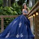 V-Neck Navy Blue Quinceanera Dresses Shiny V-Neck Ball Gown Party Applique Beading Tull 16 Princess Gowns