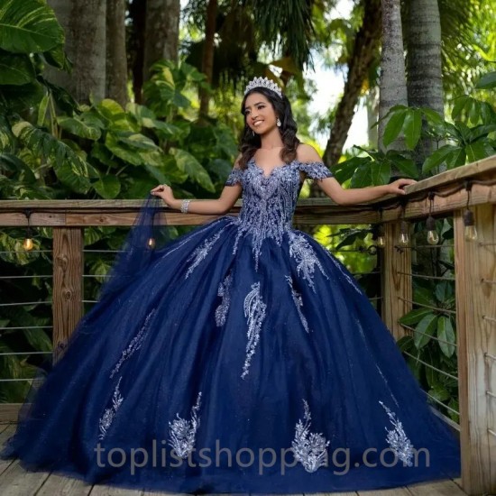 V-Neck Navy Blue Quinceanera Dresses Shiny V-Neck Ball Gown Party Applique Beading Tull 16 Princess Gowns