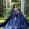 V-Neck Navy Blue Quinceanera Dresses Shiny V-Neck Ball Gown Party Applique Beading Tull 16 Princess Gowns