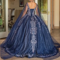 Navy Blue Quinceanera Dress Shiny V-Neck Ball Gown With Cape Vestidos De 15 Quinceañera Cocktail Dress