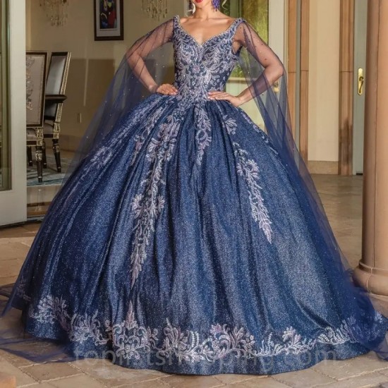 Navy Blue Quinceanera Dress Shiny V-Neck Ball Gown With Cape Vestidos De 15 Quinceañera Cocktail Dress