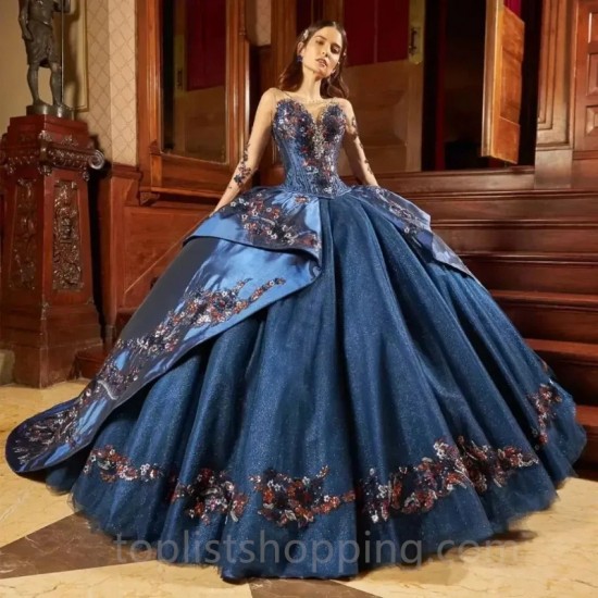 Beaded Navy Blue Quinceanera Dress Shiny Women’s Sparkly Sequined Embroidery Appliques Dresses Ball Gowns Vestido De 15 Años