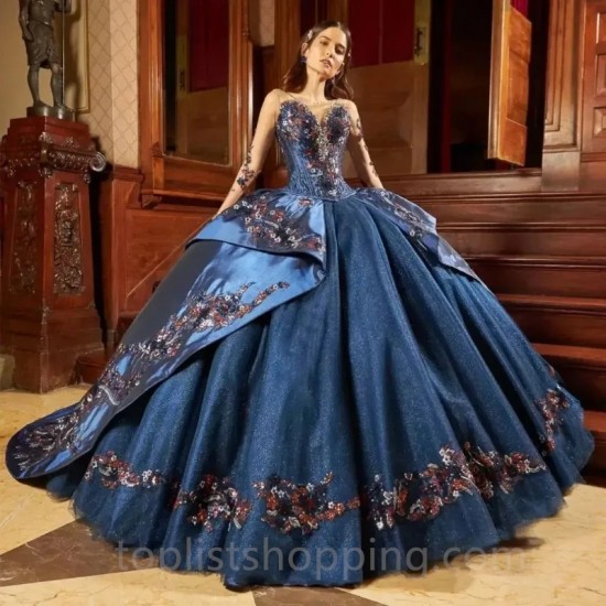 Beaded Navy Blue Quinceanera Dress Shiny Women’s Sparkly Sequined Embroidery Appliques Dresses Ball Gowns Vestido De 15 Años