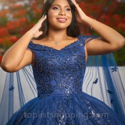 Crystal Navy Blue Sparkly Beads Lace Quinceanera Dresses Off The Shoulder Ball Gown With Cape