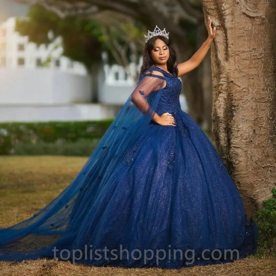 Crystal Navy Blue Sparkly Beads Lace Quinceanera Dresses Off The Shoulder Ball Gown With Cape