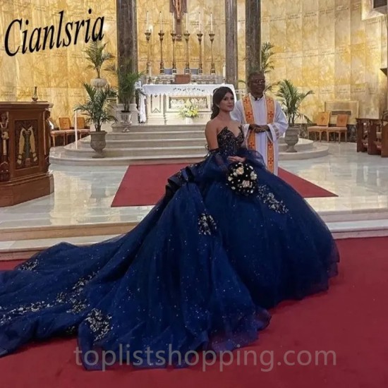 Navy Blue Strapless Ruffles Ball Gown Quincenara Dress Appliques Lace Beads Tull Corset Sweet 15 Vestidos De XV Años