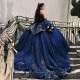 Navy Blue Strapless Ruffles Ball Gown Quincenara Dress Appliques Lace Beads Tull Corset Sweet 15 Vestidos De XV Años