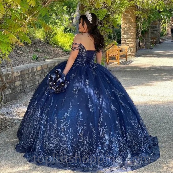 Navy Blue Sweet 16 Quinceanera Dress with Cape 2024 Off Shoulder Beading Princess Party Gown Vestidos De 15 Años